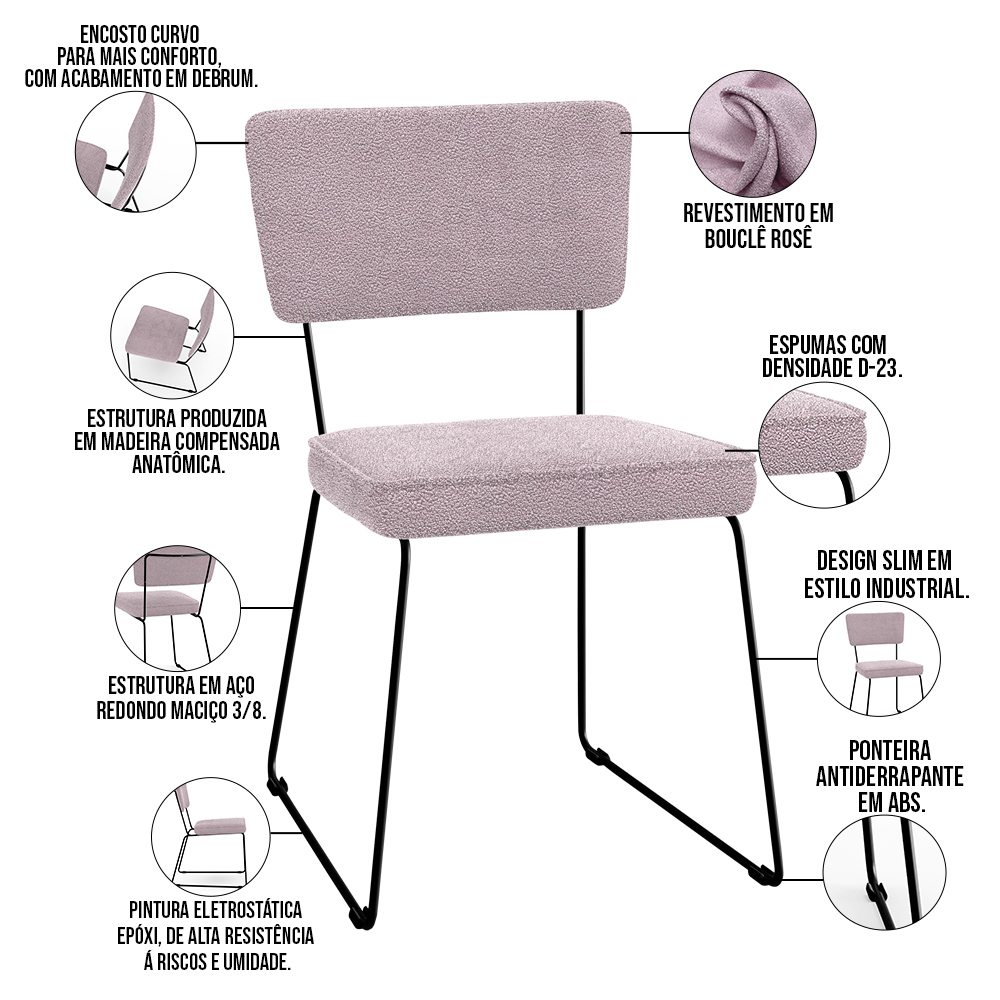 Cadeira Decorativa Estofada Para Sala De Jantar Base Em Aço Allana L02 Bouclê Rosê - Lyam Decor