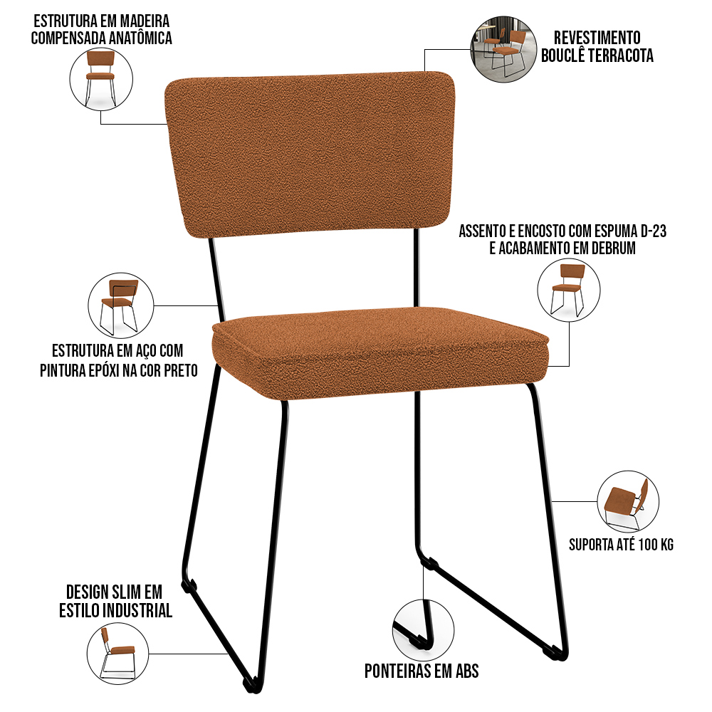 Cadeira Decorativa Estofada Para Sala De Jantar Base Em Aço Allana L02 Bouclê Terracota - Lyam Decor