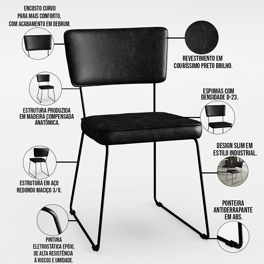 Cadeira Decorativa Estofada Para Sala De Jantar Base Em Aço Allana L02 Couríssimo Preto - Lyam Decor