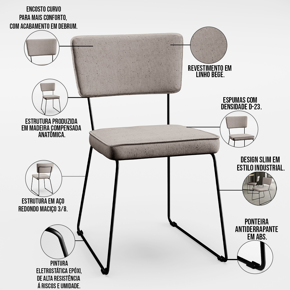 Cadeira Decorativa Estofada Para Sala De Jantar Base Em Aço Allana L02 Linho Bege - Lyam Decor
