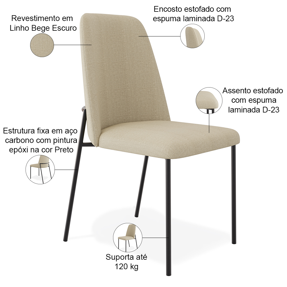 Cadeira Decorativa Estofada Para Sala De Jantar Bella L02 Linho Bege Escuro - Lyam Decor