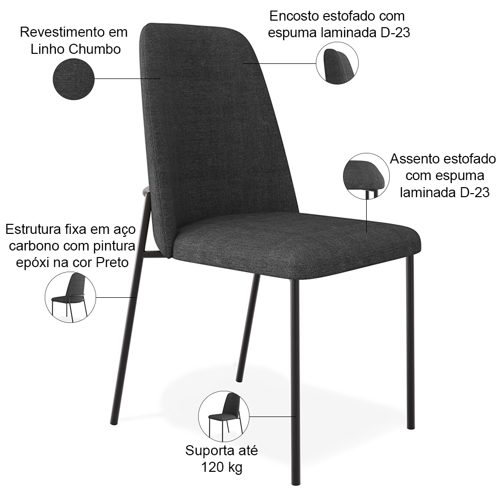 Cadeira Decorativa Estofada Para Sala De Jantar Bella L02 Linho Chumbo - Lyam Decor
