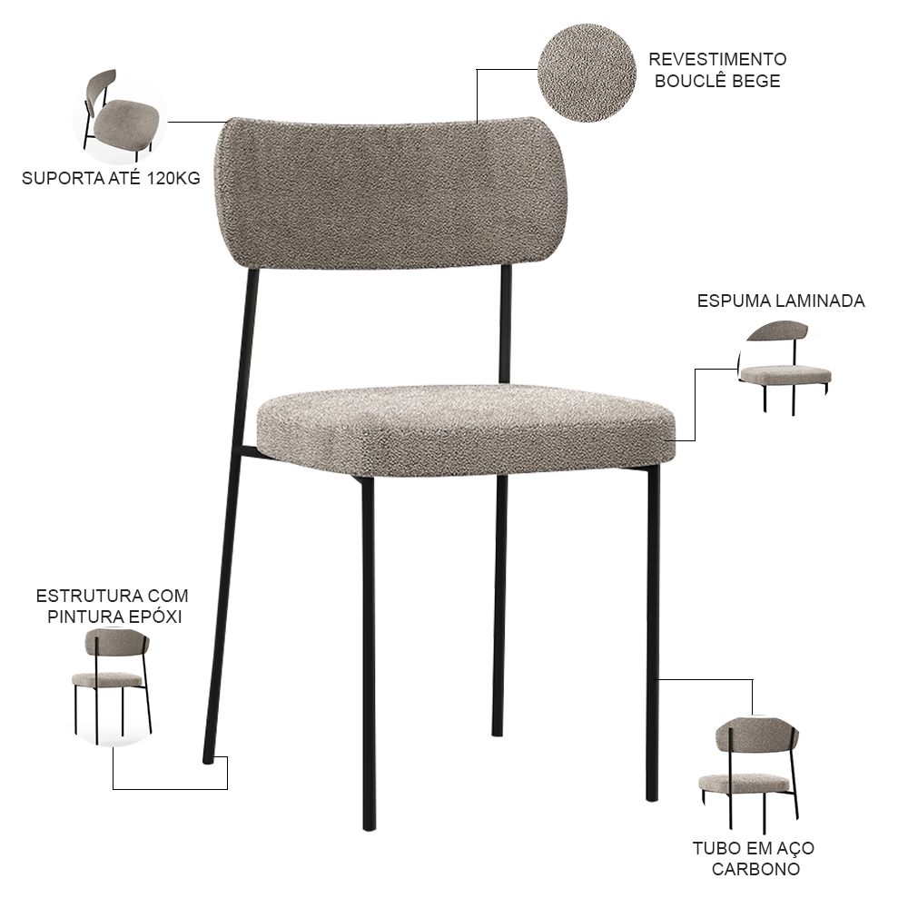Cadeira Decorativa Estofada Para Sala De Jantar Melina L02 Bouclê Bege  - Lyam Decor