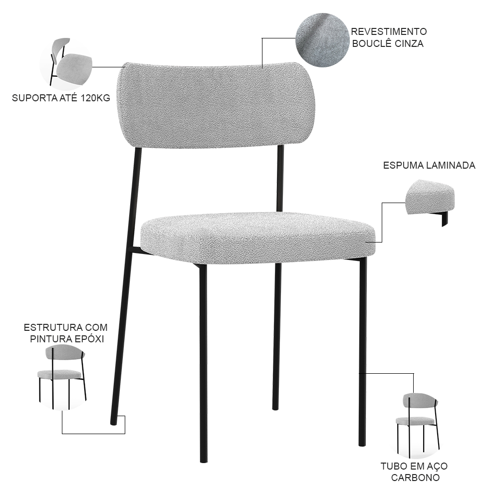 Cadeira Decorativa Estofada Para Sala De Jantar Melina L02 Bouclê Cinza - Lyam Decor