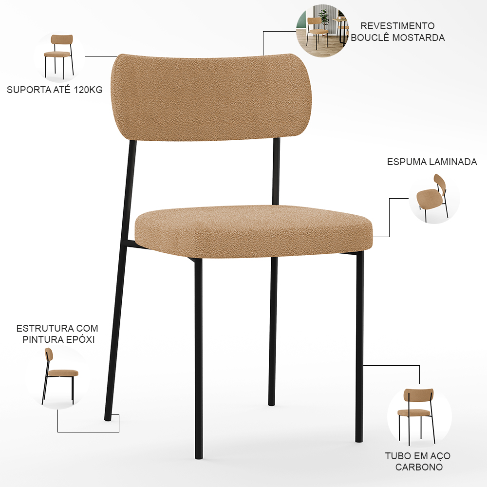 Cadeira Decorativa Estofada Para Sala De Jantar Melina L02 Bouclê Mostarda  - Lyam Decor
