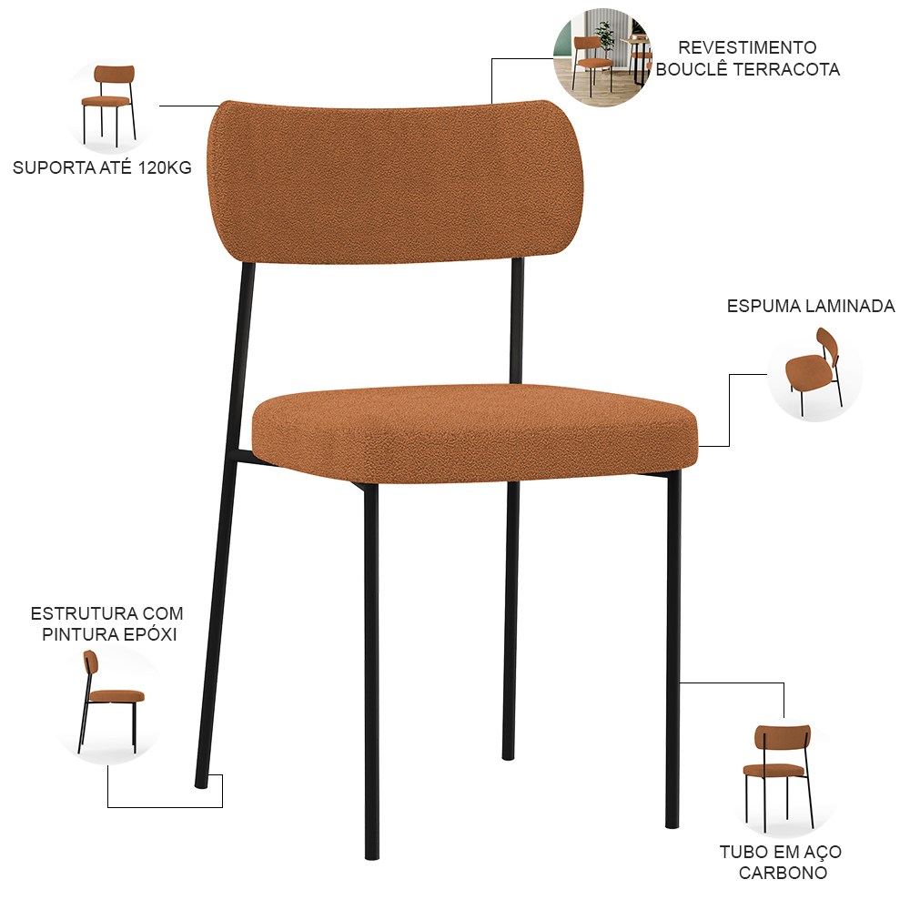 Cadeira Decorativa Estofada Para Sala De Jantar Melina L02 Bouclê Terracota  - Lyam Decor
