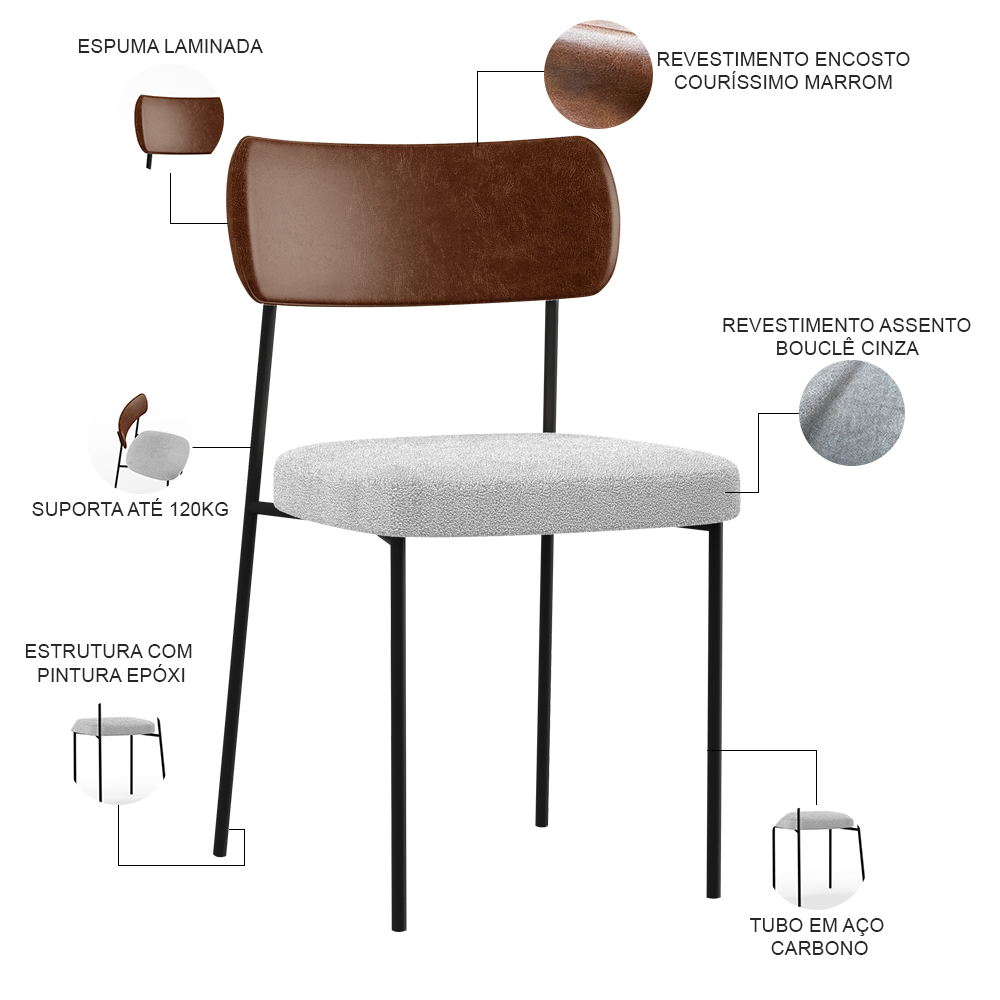 Cadeira Decorativa Estofada Para Sala De Jantar Melina L02 Couríssimo Marrom Bouclê Cinza - Lyam Decor