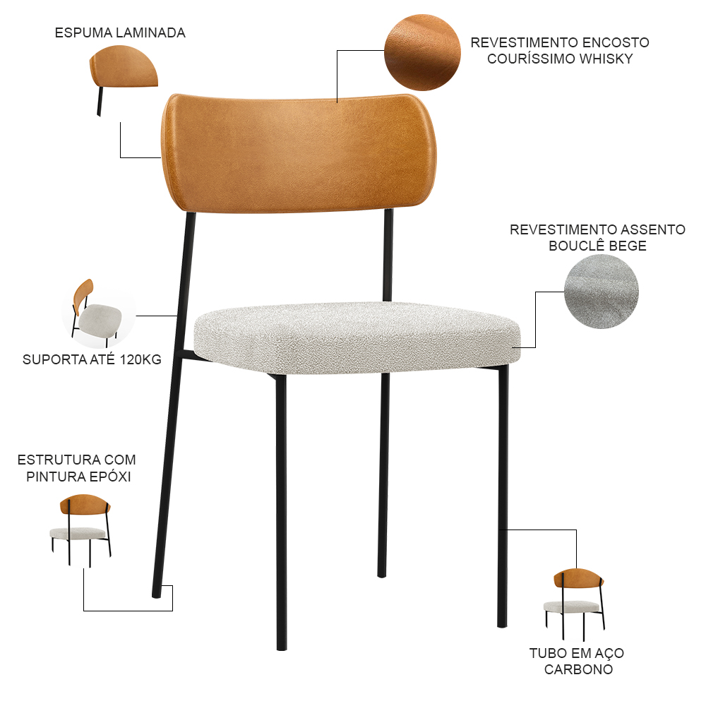 Cadeira Decorativa Estofada Para Sala De Jantar Melina L02 Couríssimo Whisky Bouclê Creme - Lyam Decor