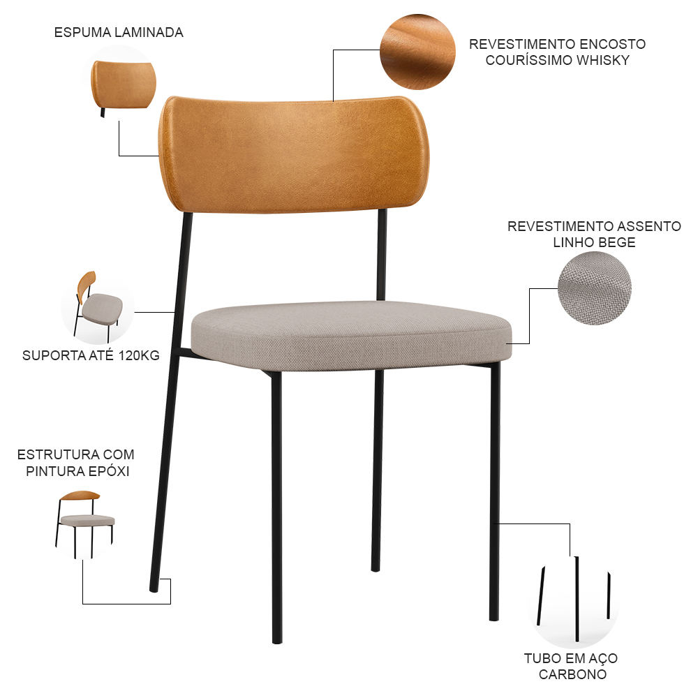 Cadeira Decorativa Estofada Para Sala De Jantar Melina L02 Couríssimo Whisky Linho Bege - Lyam Decor