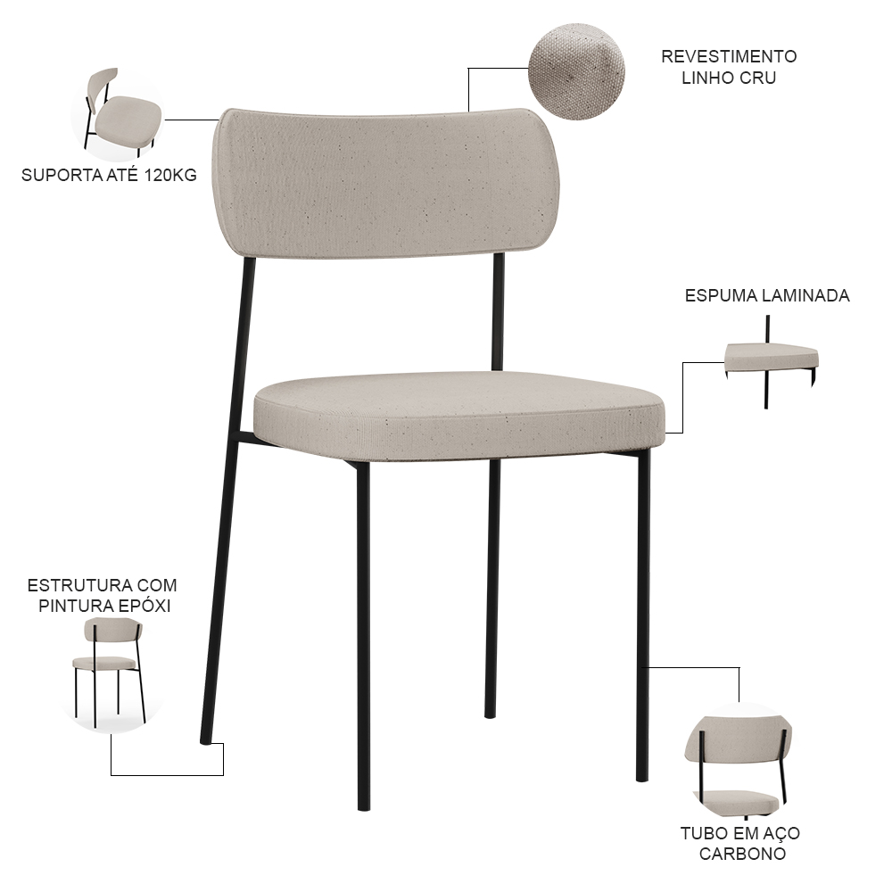 Cadeira Decorativa Estofada Para Sala De Jantar Melina L02 Linho Cru - Lyam Decor