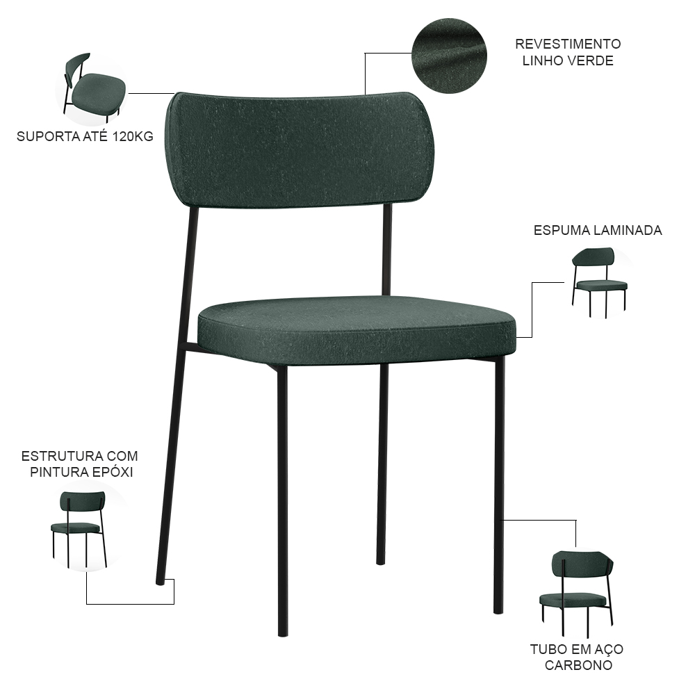 Cadeira Decorativa Estofada Para Sala De Jantar Melina L02 Linho Verde - Lyam Decor