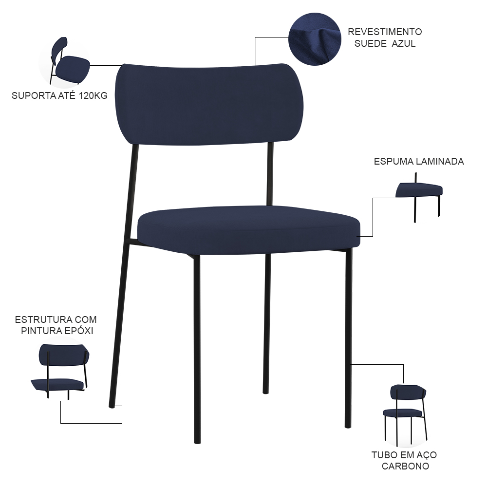 Cadeira Decorativa Estofada Para Sala De Jantar Melina L02 Suede Azul Marinho - Lyam Decor