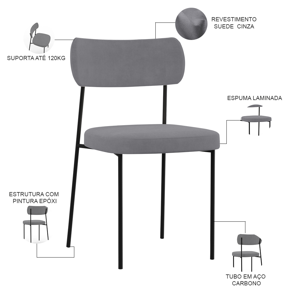 Cadeira Decorativa Estofada Para Sala De Jantar Melina L02 Suede Cinza - Lyam Decor