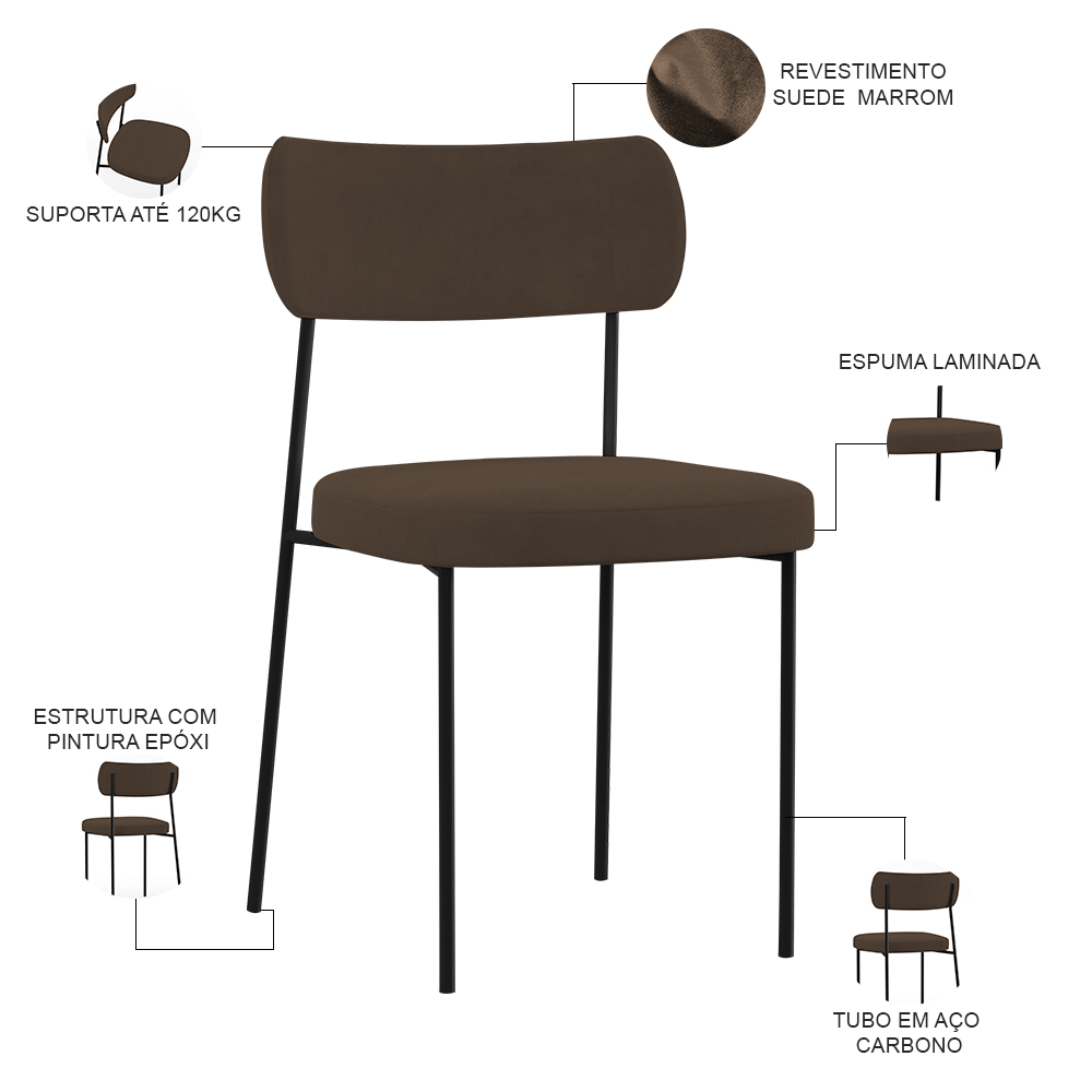 Cadeira Decorativa Estofada Para Sala De Jantar Melina L02 Suede Marrom - Lyam Decor