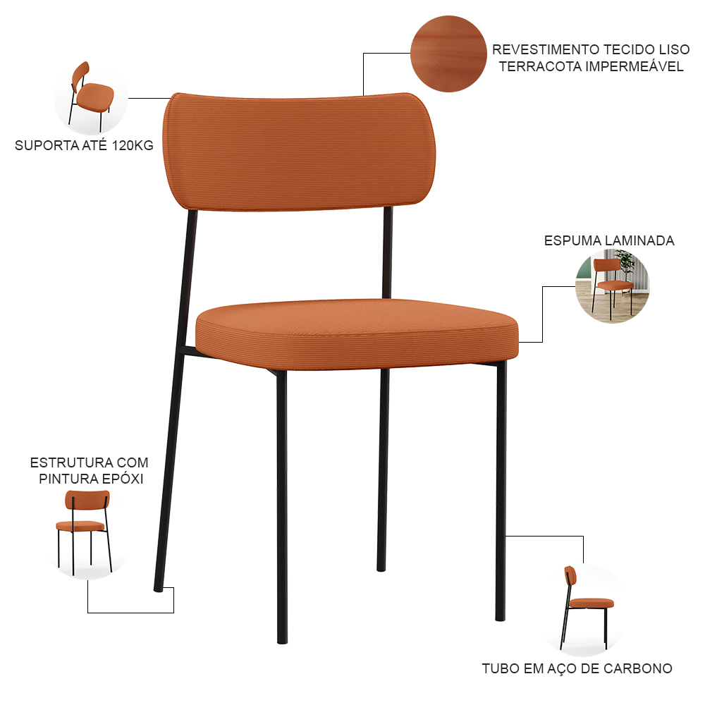 Cadeira Decorativa Estofada Para Sala De Jantar Melina L02 Tecido Terracota - Lyam Decor