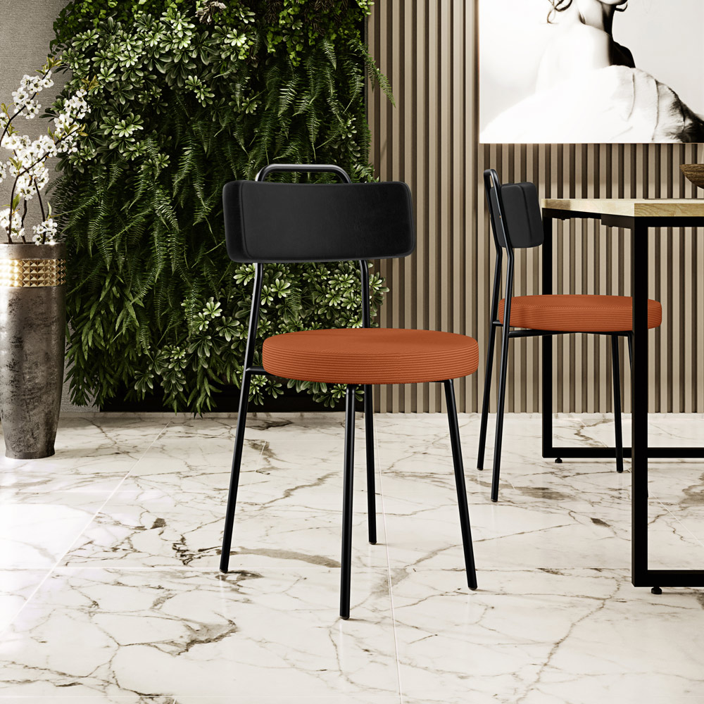 Cadeira Decorativa Estofada Para Sala Jantar Barcelona L02 Couríssimo Preto Tecido Terracota - Lyam