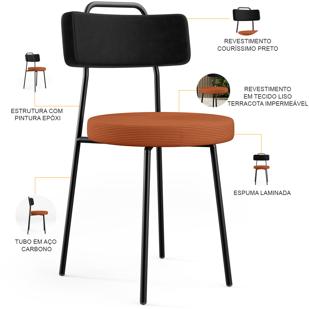Cadeira Decorativa Estofada Para Sala Jantar Barcelona L02 Couríssimo Preto Tecido Terracota - Lyam