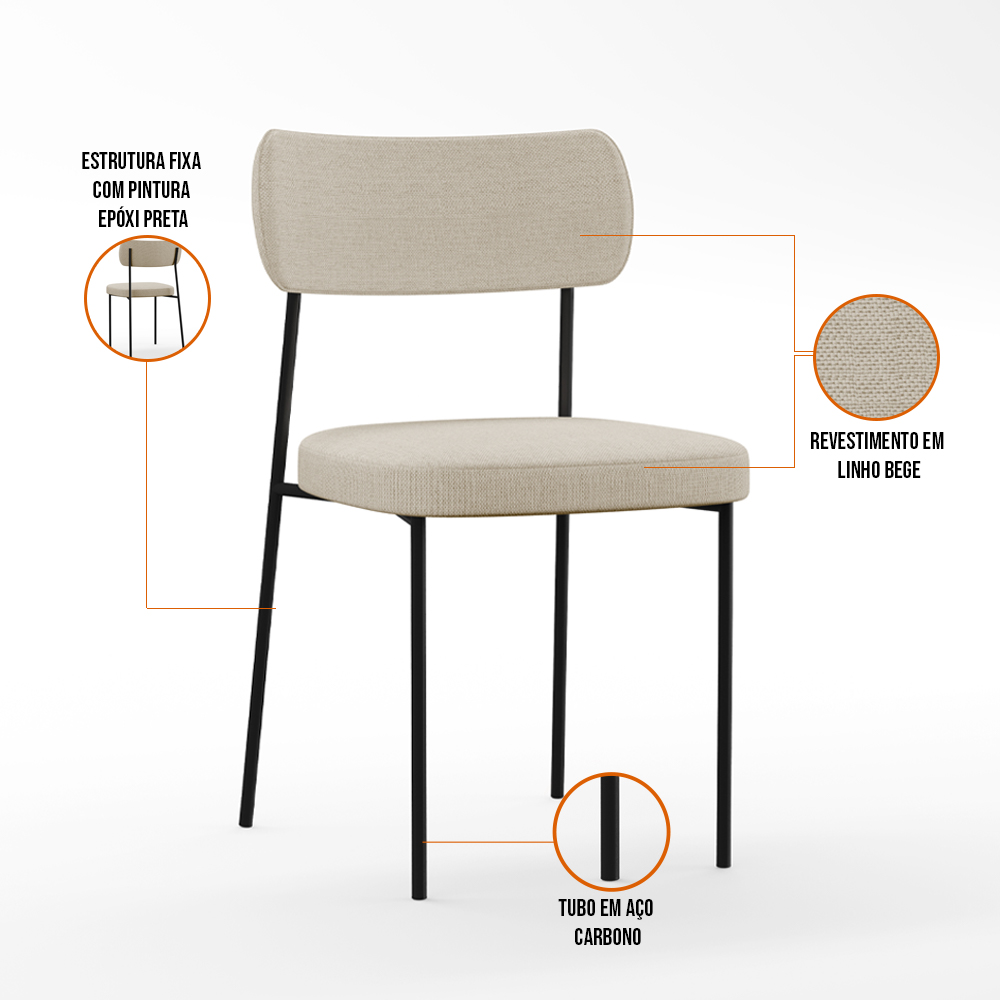 Cadeira Decorativa Estofada Para Sala de Jantar Melina F01 Linho Bege - Lyam Decor