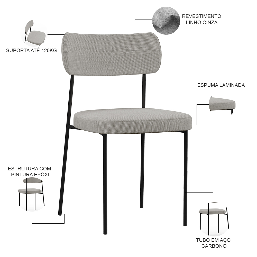 Cadeira Decorativa Estofada Para Sala de Jantar Melina F01 Linho Cinza - Lyam Decor