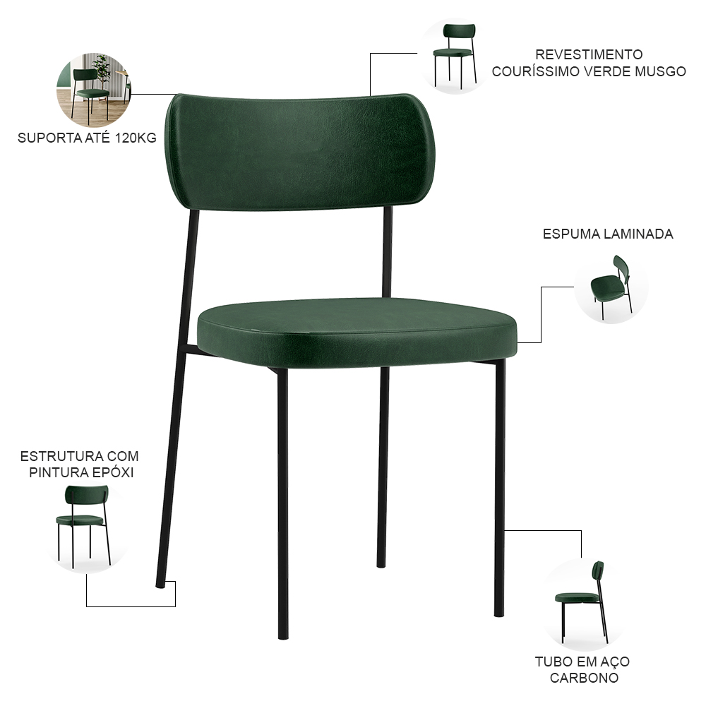 Cadeira Decorativa Estofada Para Sala de Jantar Melina L02 Couríssimo Verde Musgo - Lyam Decor