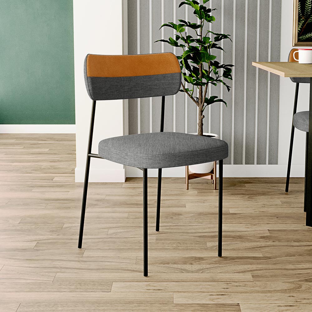 Cadeira Decorativa Estofada Para Sala de Jantar Melina L02 Linho Cinza Escuro Couríssimo Whisky - Lyam Decor