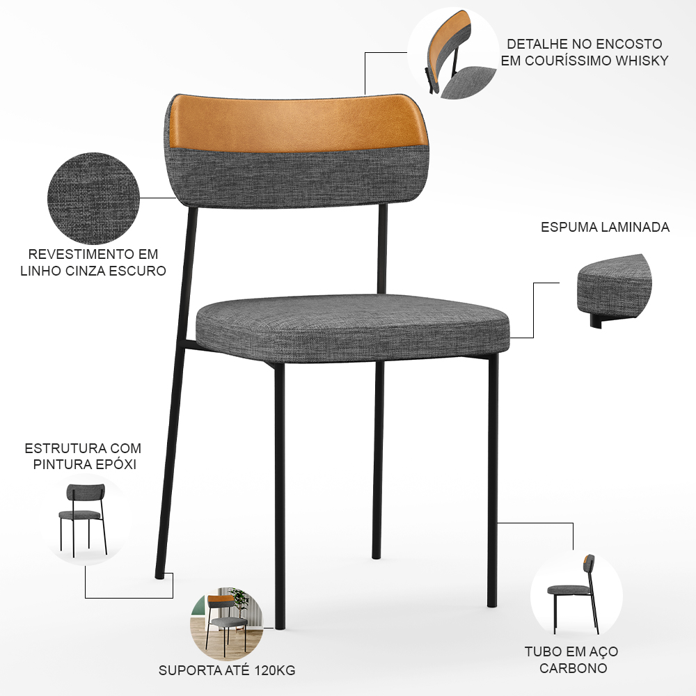 Cadeira Decorativa Estofada Para Sala de Jantar Melina L02 Linho Cinza Escuro Couríssimo Whisky - Lyam Decor