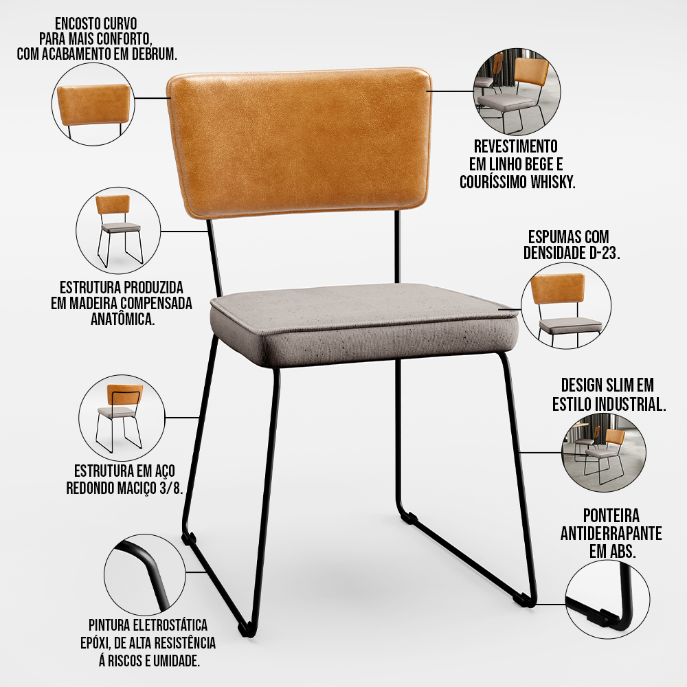 Cadeira Decorativa Estofada Sala De Jantar Allana L02 Couríssimo Whisky Linho Bege - Lyam Decor