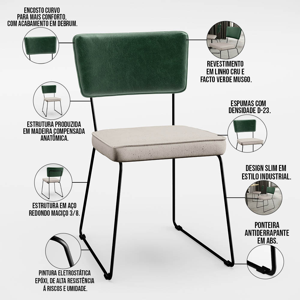 Cadeira Decorativa Estofada Sala De Jantar Allana L02 Facto Verde Musgo Linho Cru - Lyam Decor