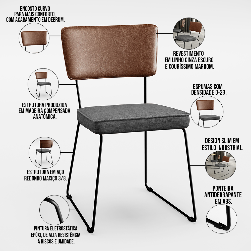 Cadeira Decorativa Estofada Sala Jantar Allana L02 Couríssimo Marrom Linho Cinza Escuro - Lyam Decor