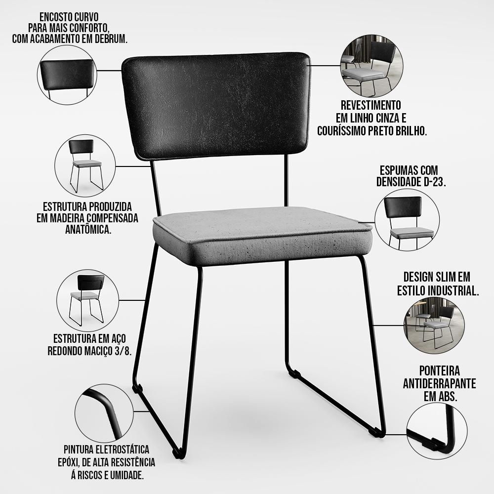Cadeira Decorativa Estofada Sala Jantar Allana L02 Couríssimo Preto Linho Cinza - Lyam Decor