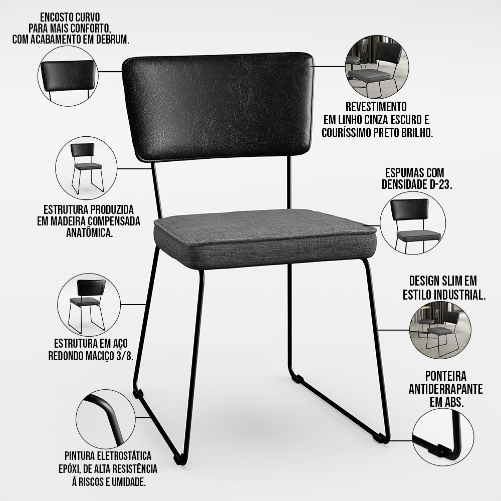 Cadeira Decorativa Estofada Sala Jantar Allana L02 Couríssimo Preto Linho Cinza Escuro - Lyam Decor