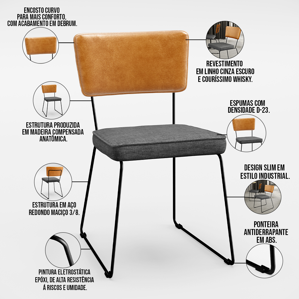 Cadeira Decorativa Estofada Sala Jantar Allana L02 Couríssimo Whisky Linho Cinza Escuro - Lyam Decor