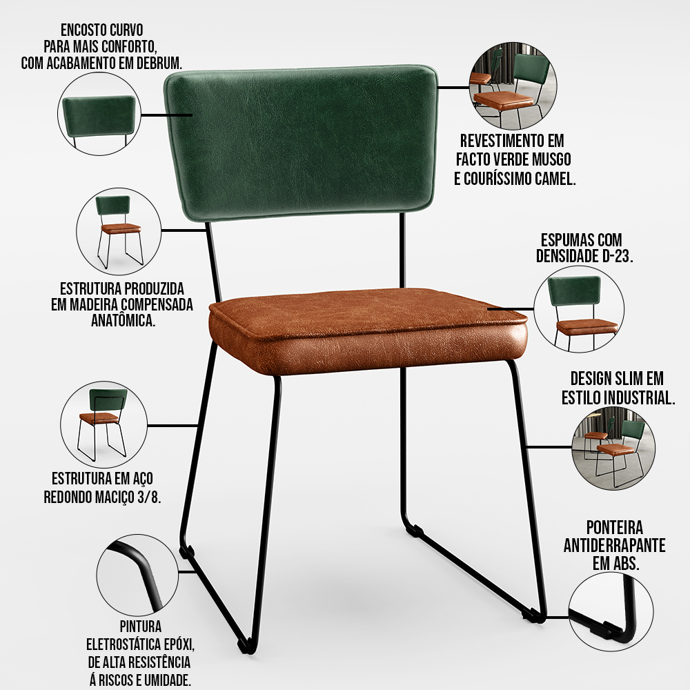 Cadeira Decorativa Estofada Sala Jantar Allana L02 Facto Verde Musgo Couríssimo Camel - Lyam Decor