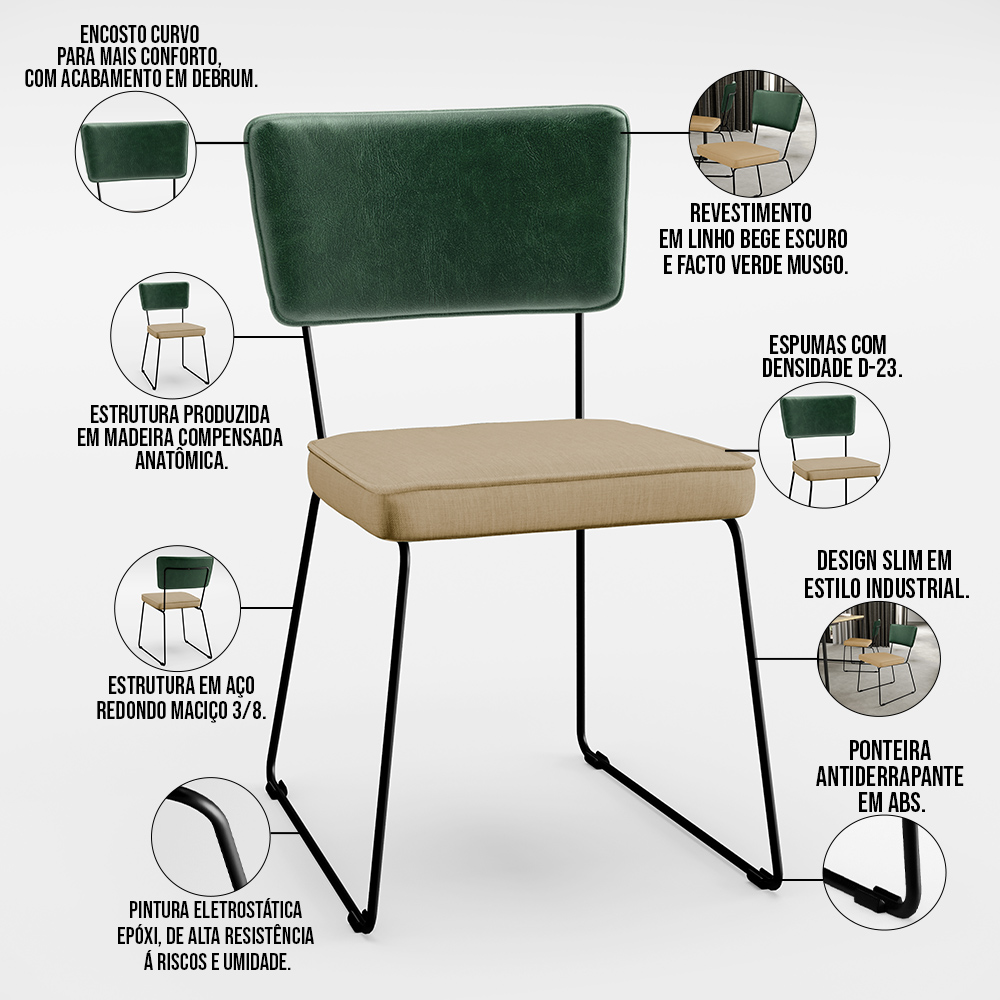 Cadeira Decorativa Estofada Sala Jantar Allana L02 Facto Verde Musgo Linho Bege Escuro - Lyam Decor