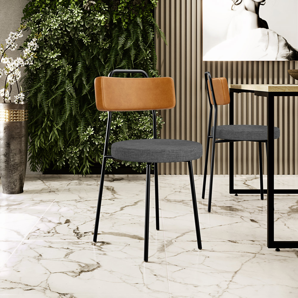 Cadeira Decorativa Estofada Sala Jantar Barcelona L02 Couríssimo Whisky Linho Cinza Escuro - Lyam