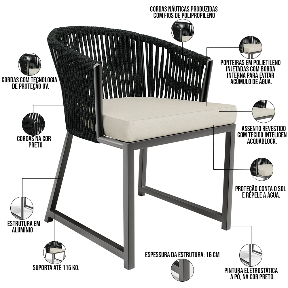 Cadeira Decorativa Para Área Gourmet Cozinha Varanda Corda Náutica Bethari D04 Preto - Lyam Decor