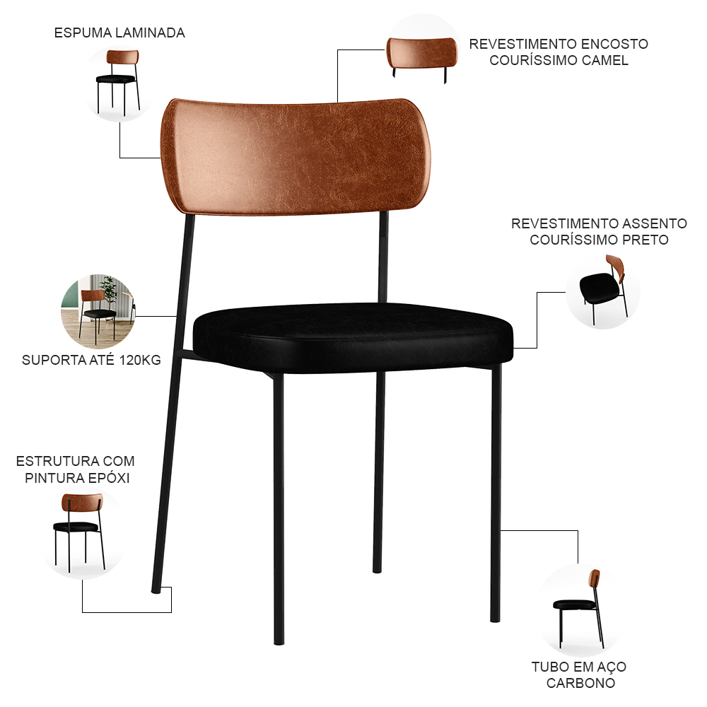 Cadeira Decorativa Para Sala De Jantar Melina L02 Couríssimo Camel Couríssimo Preto - Lyam Decor