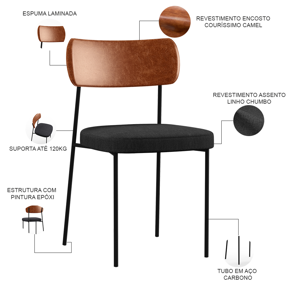 Cadeira Decorativa Para Sala De Jantar Melina L02 Couríssimo Camel Linho Chumbo - Lyam Decor