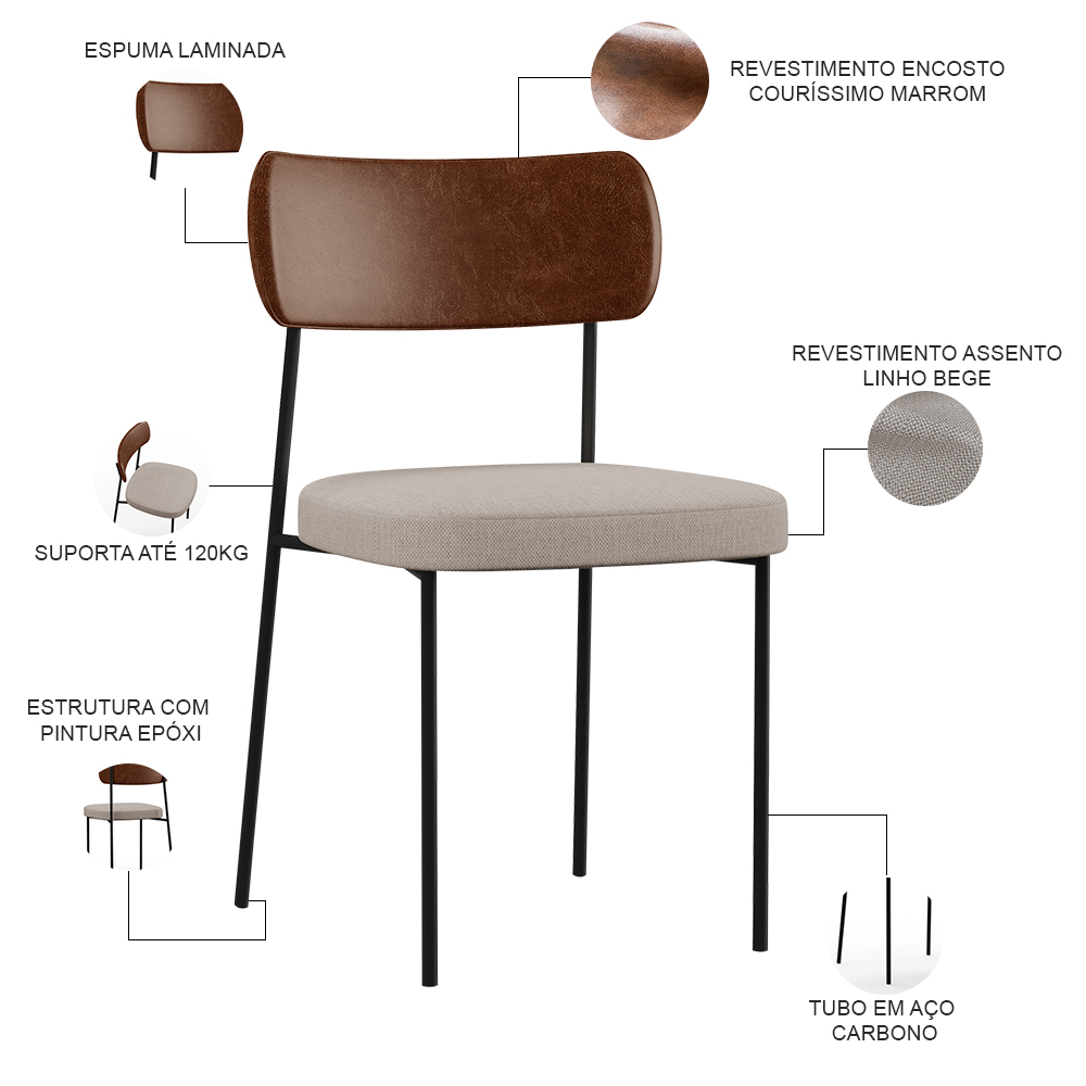 Cadeira Decorativa Para Sala De Jantar Melina L02 Couríssimo Marrom Linho Bege - Lyam Decor