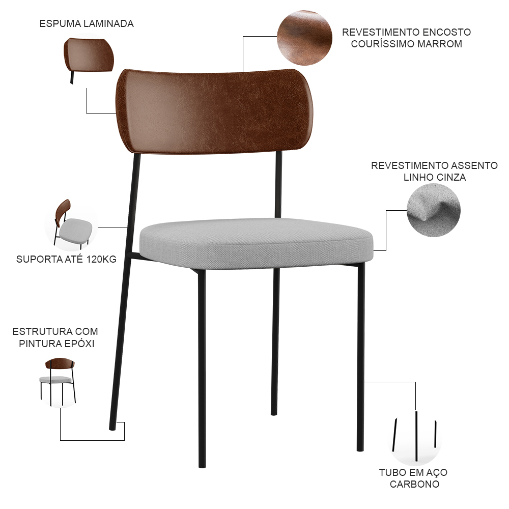 Cadeira Decorativa Para Sala De Jantar Melina L02 Couríssimo Marrom Linho Cinza - Lyam Decor