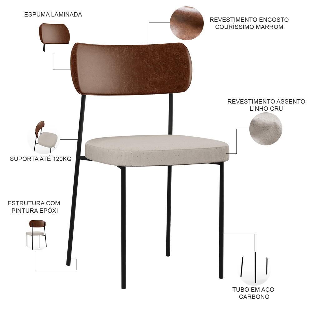 Cadeira Decorativa Para Sala De Jantar Melina L02 Couríssimo Marrom Linho Cru - Lyam Decor