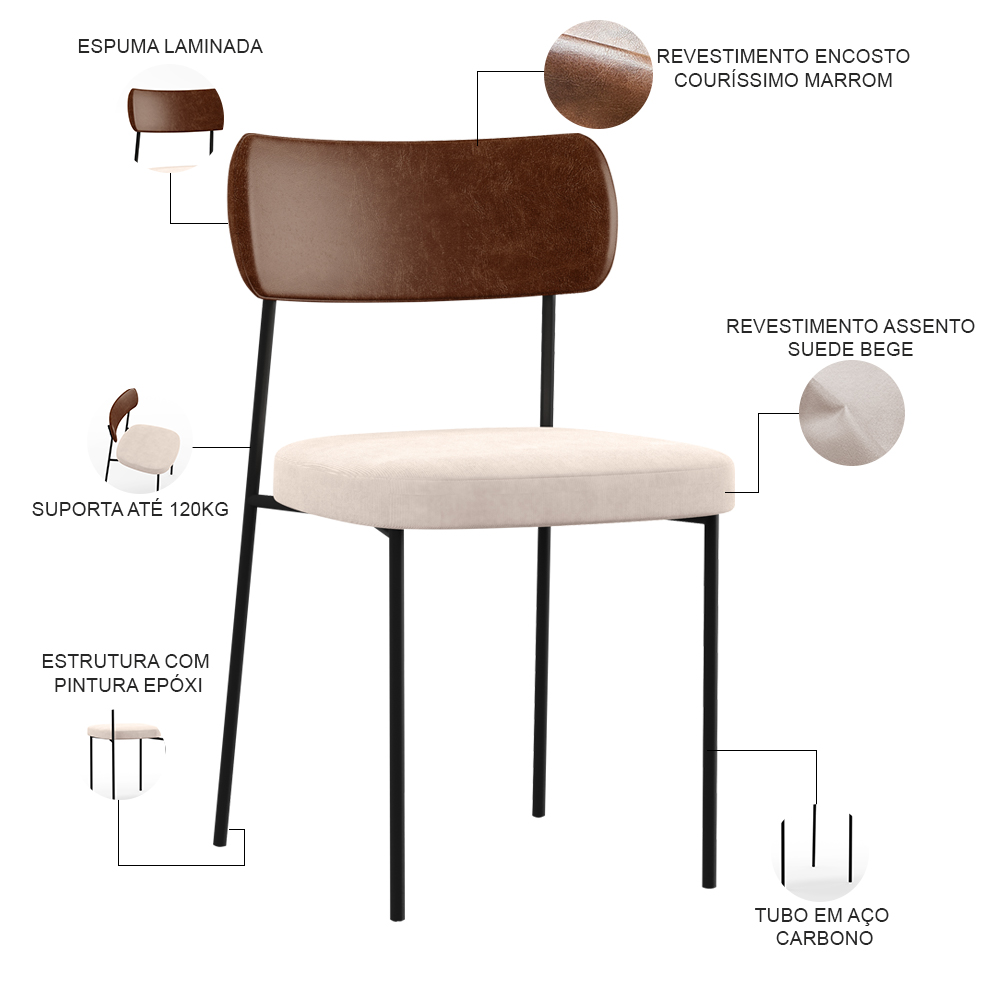 Cadeira Decorativa Para Sala De Jantar Melina L02 Couríssimo Marrom Suede Bege - Lyam Decor