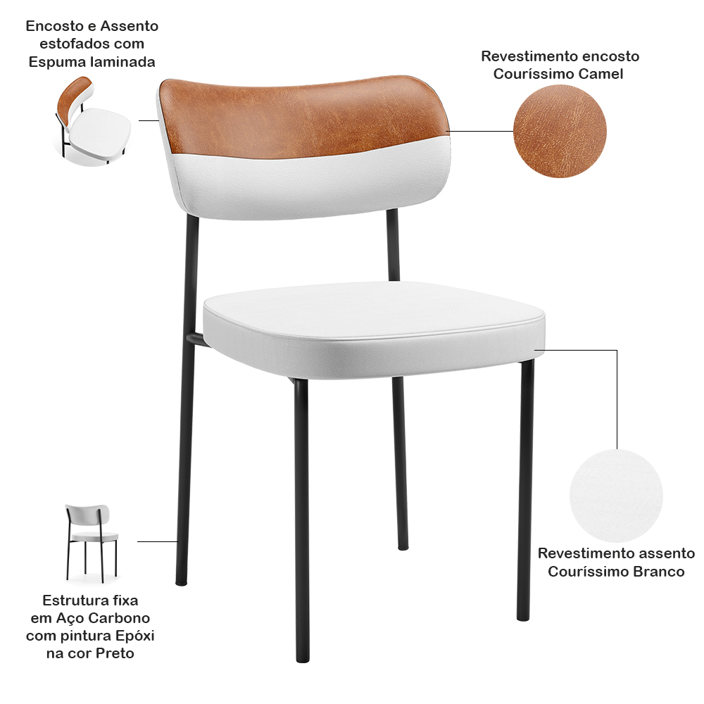 Cadeira Decorativa Para Sala De Jantar Melina L02 Faixa Couríssimo Camel Facto Branco - Lyam Decor