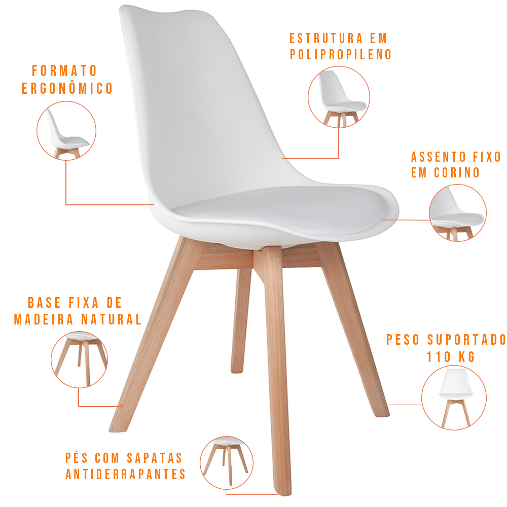 Cadeira Decorativa Para Sala de Jantar Ayla Com Base de Madeira E01 Branco - Lyam Decor