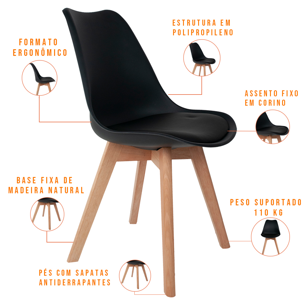 Cadeira Decorativa Para Sala de Jantar Ayla Com Base de Madeira E01 Preto - Lyam Decor