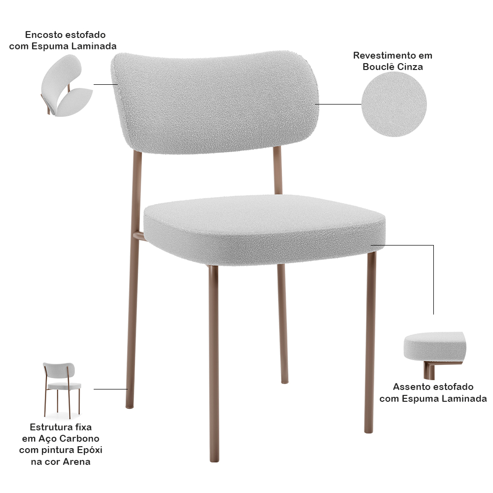 Cadeira Decorativa Sala De Jantar Melina Base Arena L02 Bouclê Cinza - Lyam Decor
