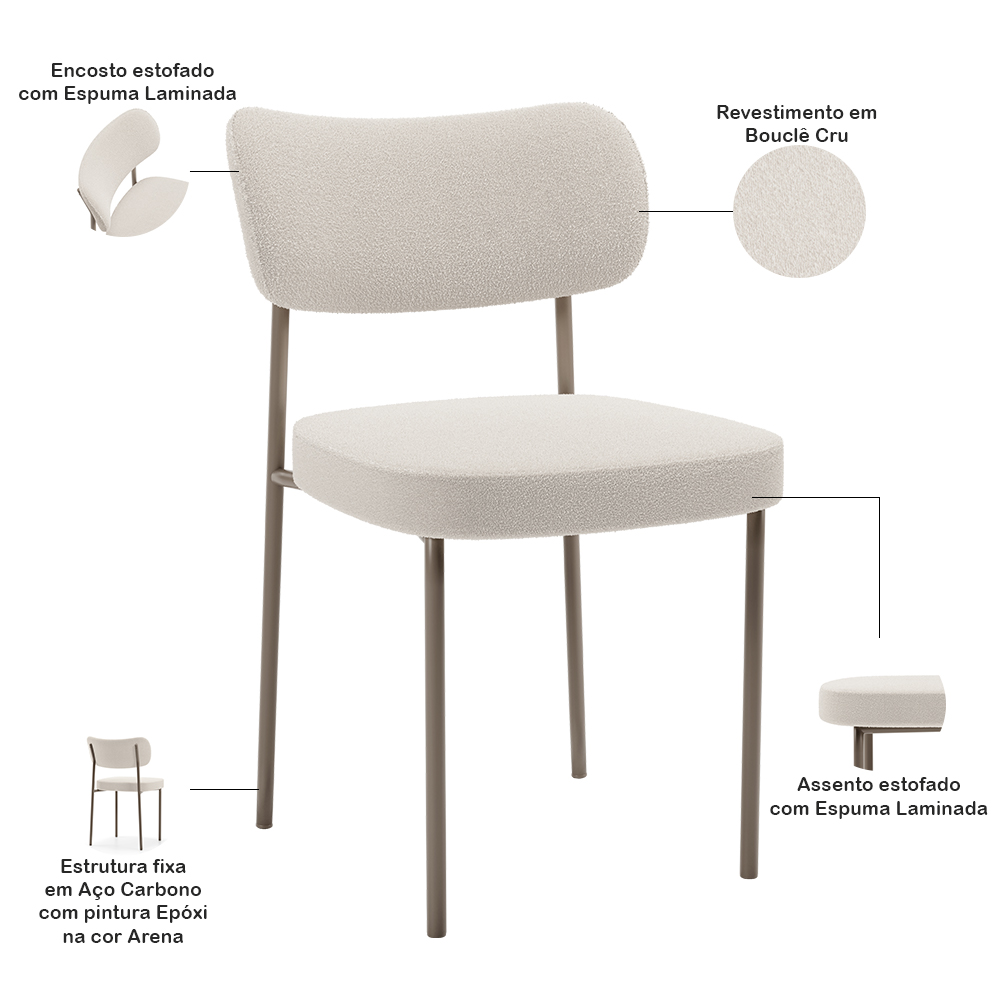 Cadeira Decorativa Sala De Jantar Melina Base Arena L02 Bouclê Cru - Lyam Decor