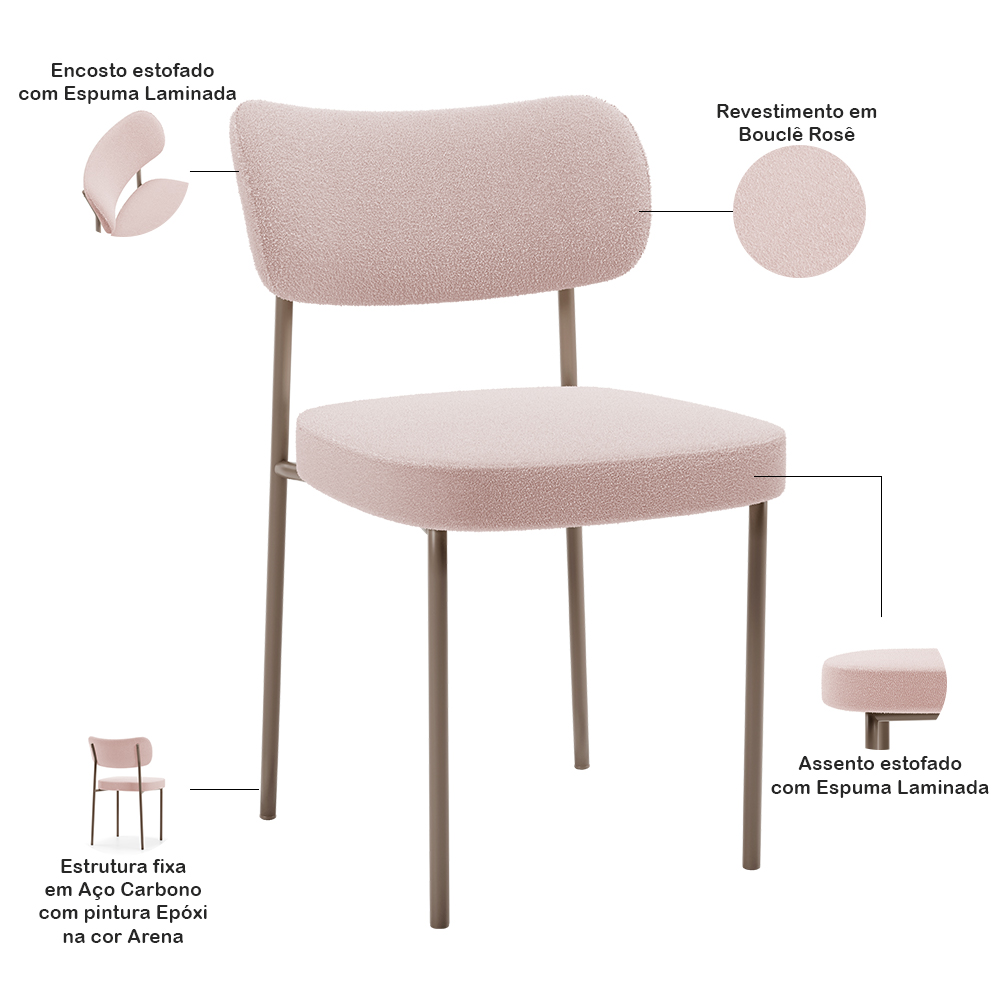 Cadeira Decorativa Sala De Jantar Melina Base Arena L02 Bouclê Rosê - Lyam Decor