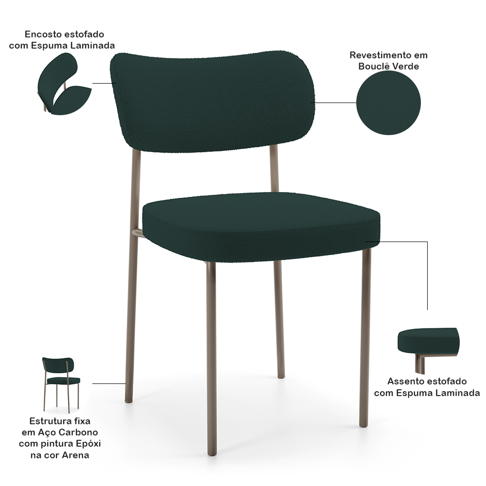 Cadeira Decorativa Sala De Jantar Melina Base Arena L02 Bouclê Verde - Lyam Decor