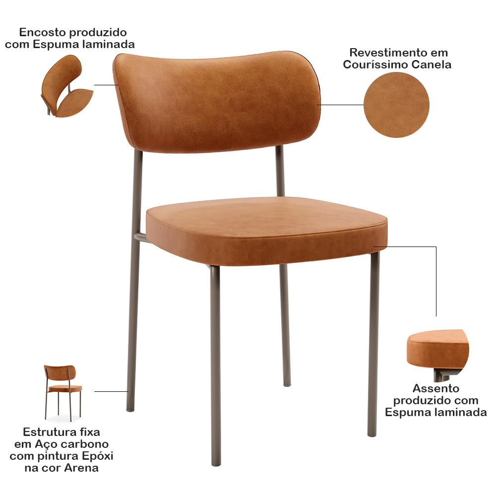 Cadeira Decorativa Sala De Jantar Melina Base Arena L02 Couríssimo Canela - Lyam Decor